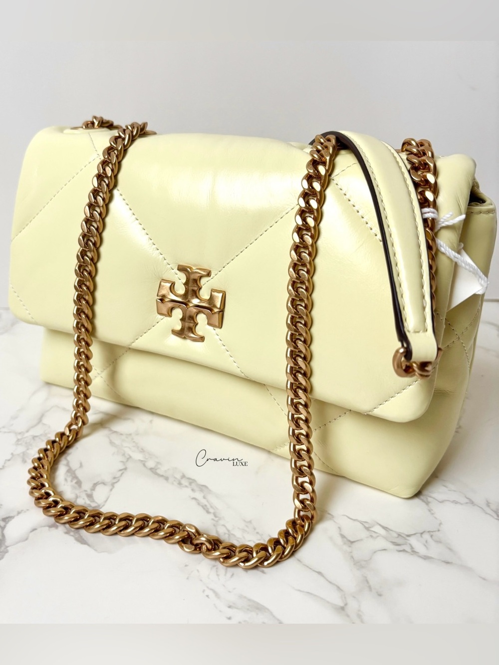 New Tory Burch Kira Small Diamond Quilt Leather Shoulder Bag Pastel Yellow